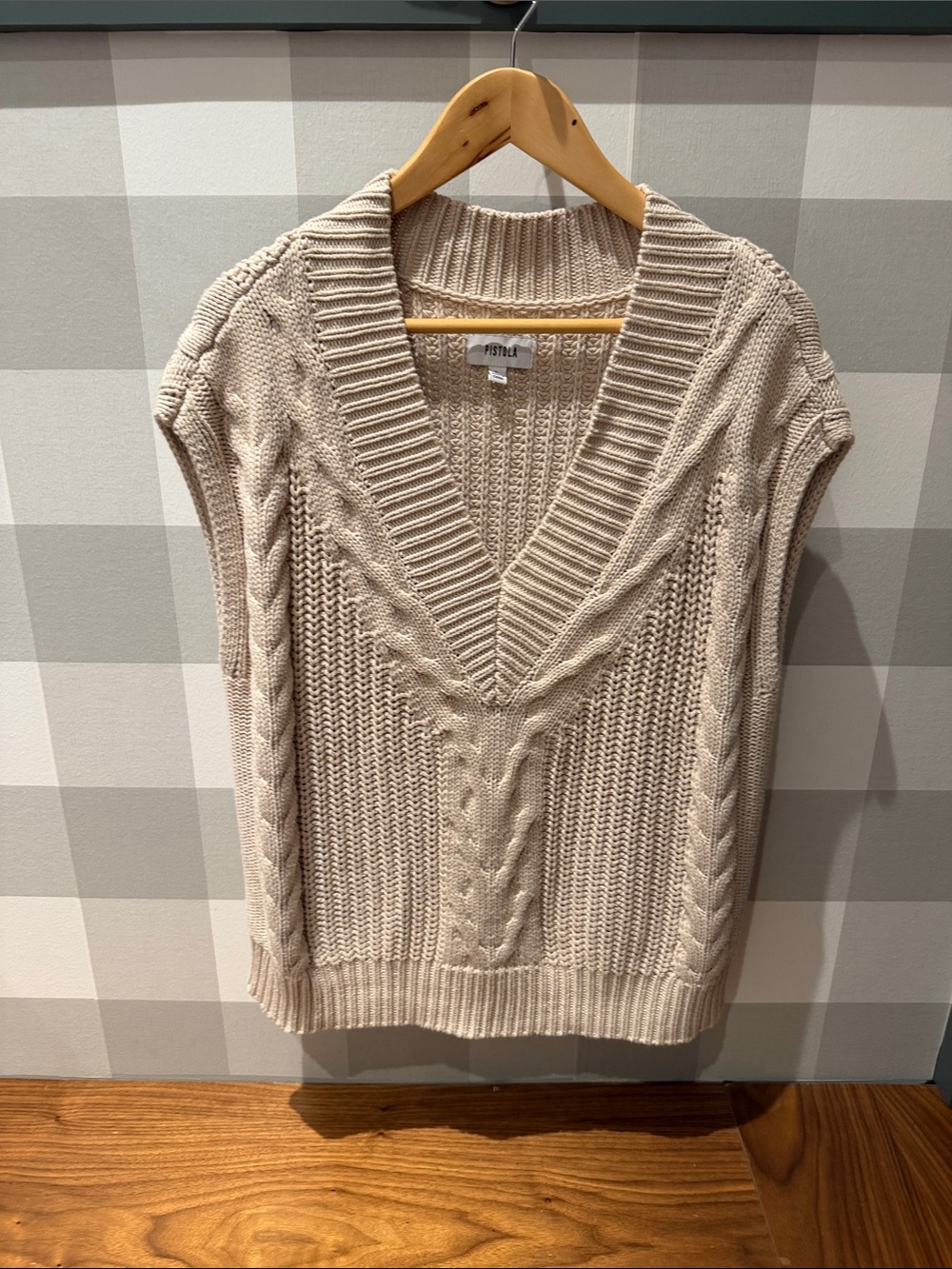 Cable Knit V-Neck Sweater Vest in Light Beige